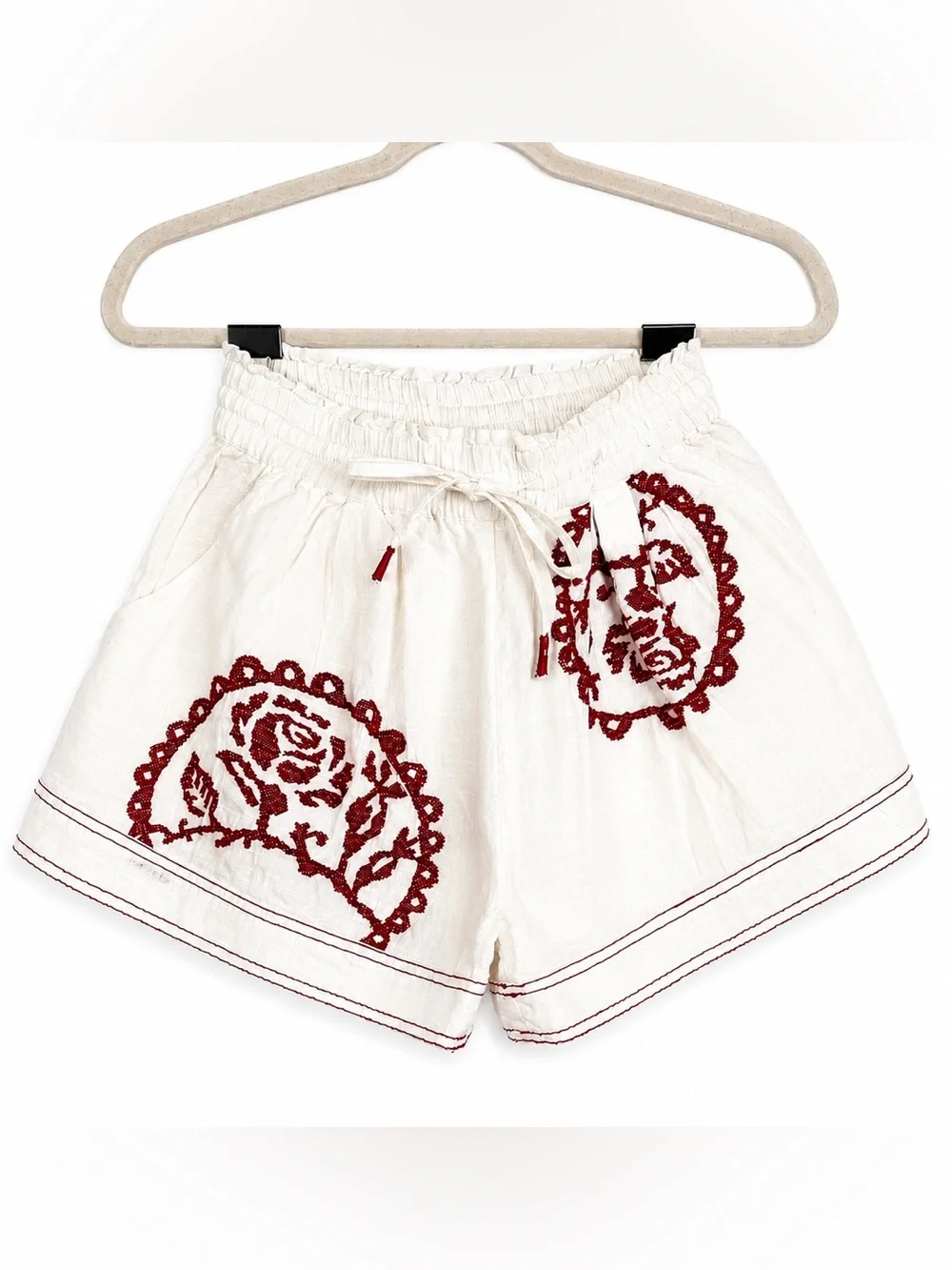 Free People White Linen Floral Embroidered Boho Shorts Women's Size XS